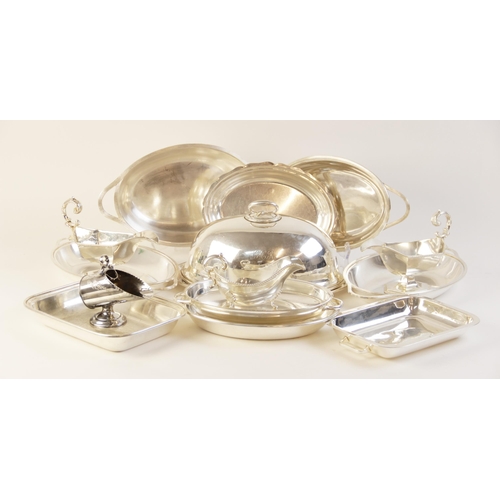 12 - A selection of silver plated and EPNS tableware, to include: a pair of faceted sauce boats with scro... 
