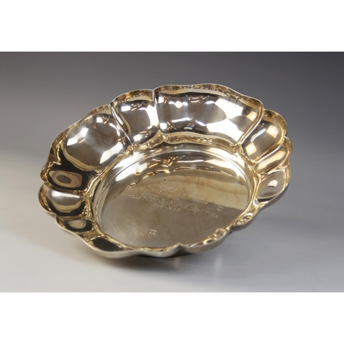 17 - A silver lobed presentation bowl,  Barker Ellis Silver Co, Birmingham 1968, of circular form with sh... 