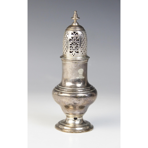 24 - A George II silver sugar caster, Samuel Wood, London 1741, of baluster form on circular foot with pi... 