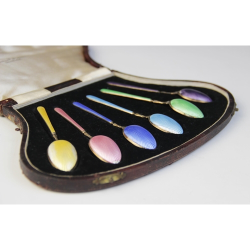 37 - A cased set of six Danish silver and enamelled coffee spoons, each plain polished with guilloche ena... 