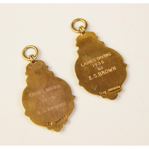 40 - Two George V 9ct gold enamelled medallions for the Worcester County Swimming Association, Fattorini ... 