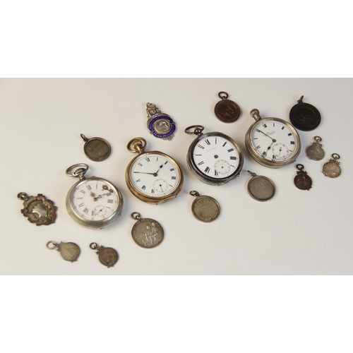 41 - A selection of pocket watches and fob medallions, to include; a silver coloured Everite open face po... 