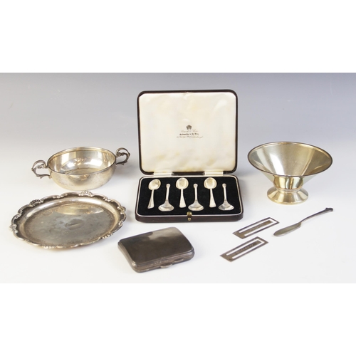 45 - A selection of silver tableware, to include; a George VI silver wine taster, Emile Viner, Sheffield ... 