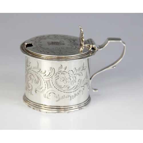 53 - A Victorian silver wet mustard, George John Richards, London 1854, of drum form with scrolling handl... 