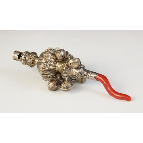 59 - A continental rattle, teether and whistle, knopped form with embossed floral and foliate decoration,... 