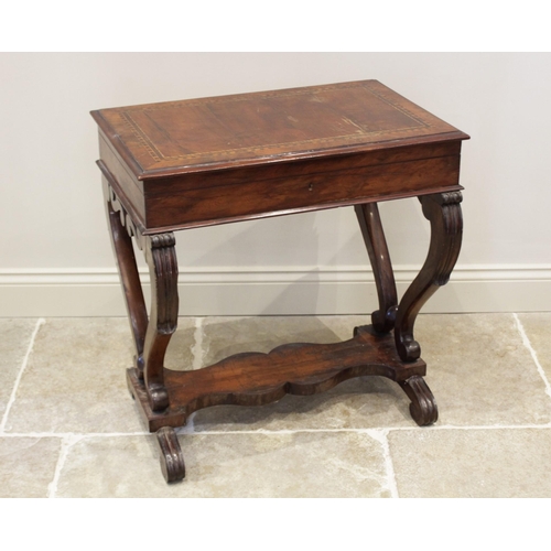 604 - A mid 19th century yew wood work or stationery table, the rectangular moulded and hinged top inlaid ... 