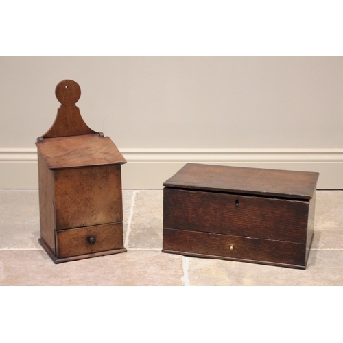 625 - An early 19th century wall mounted fruitwood candle box, with hinged cover and single drawer, 46cm h... 