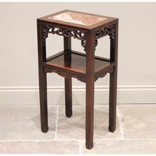 631 - A Chinese hardwood and marble nightstand, early 20th century, the rectangular top inset with a rouge... 