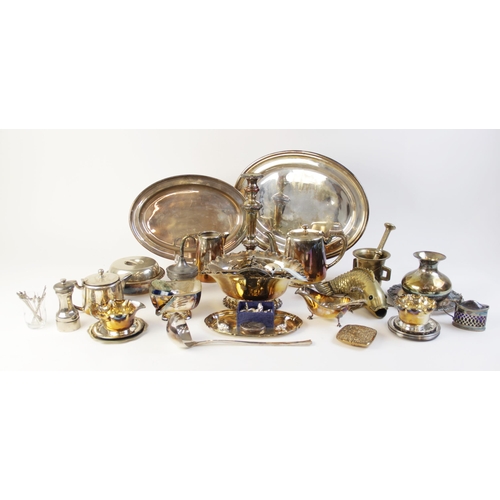 82 - A large quantity of silver, silver coloured, silver plated items, to include; a three-piece tea serv... 