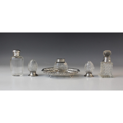 2 - An Edwardian silver cut glass inkwell by James Dixon & Sons, Sheffield 1904, the octagonal base with... 