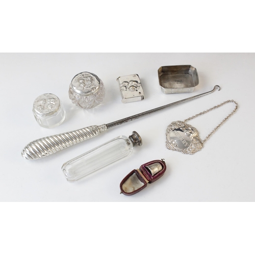 4 - A selection of silver and silver plated dressing tableware, including; an Edwardian silver topped dr... 