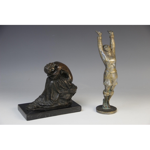 98 - After Milo, bronze figure of a female nude, modelled in a seated position with drapery, upon a recta... 