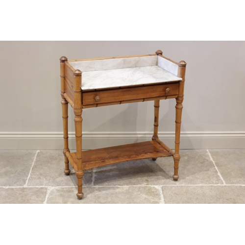 627 - A Victorian pine and beech wood marble top washstand, of cottage proportions, the rectangular marble... 