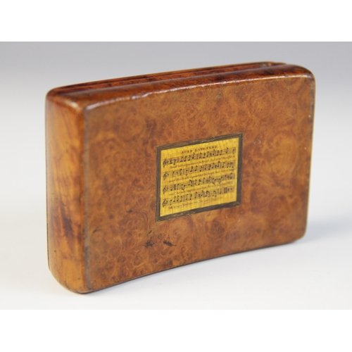 93 - An unusual 19th century specimen wood snuff box, inscribed with the sheet music for Auld Lang syne v... 