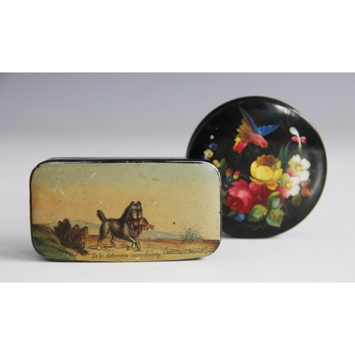 92 - A papier mache snuff box, 19th century, the cover printed and hand coloured with a dog and rabbit ti... 