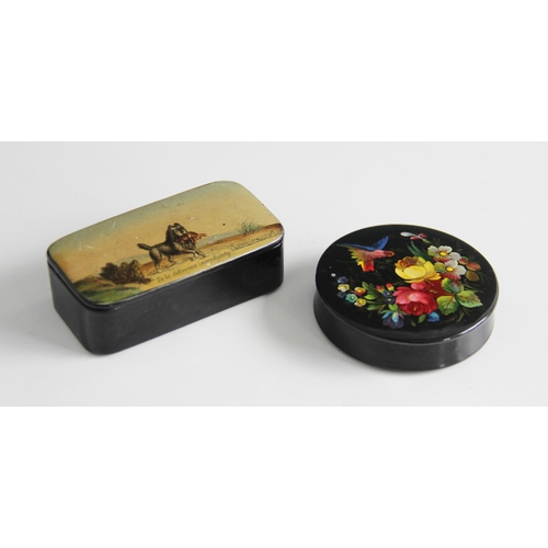 92 - A papier mache snuff box, 19th century, the cover printed and hand coloured with a dog and rabbit ti... 