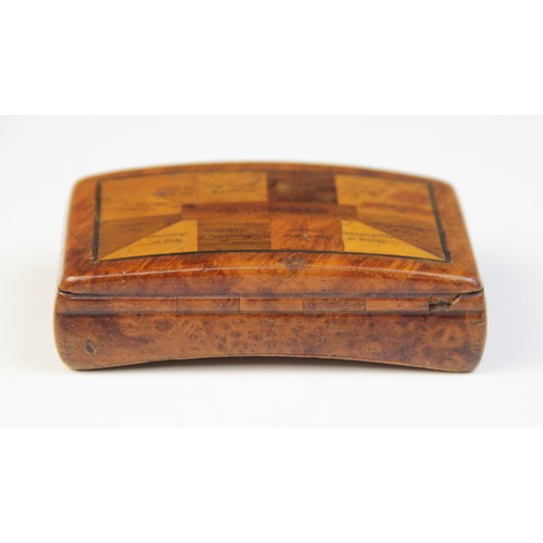 93 - An unusual 19th century specimen wood snuff box, inscribed with the sheet music for Auld Lang syne v... 