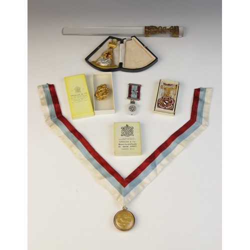 95 - A collection of Masonic medallions and other regalia, including a gold coloured medallion for 'Honor... 