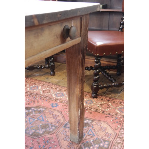 589 - A Victorian and later pine scrub top kitchen table, the rectangular table top with rounded corners o... 