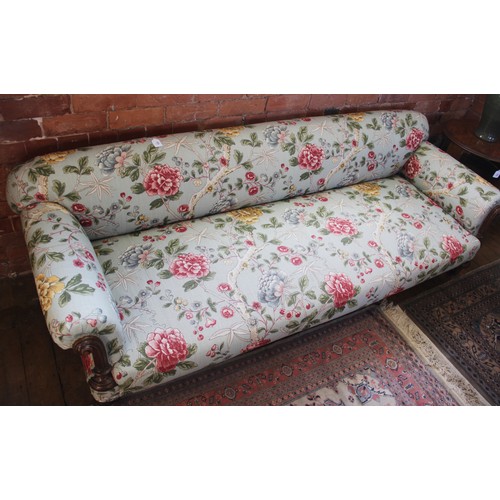 632 - A Victorian Howard type sofa, upholstered in Morris & Co 'Tangley' fabric on an eggshell ground, the... 