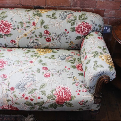 632 - A Victorian Howard type sofa, upholstered in Morris & Co 'Tangley' fabric on an eggshell ground, the... 