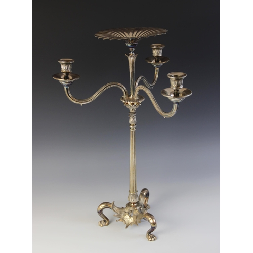 101 - A Victorian electroplated epergne by Elkington & Co, the fluted knopped stem with cast foliate detai... 