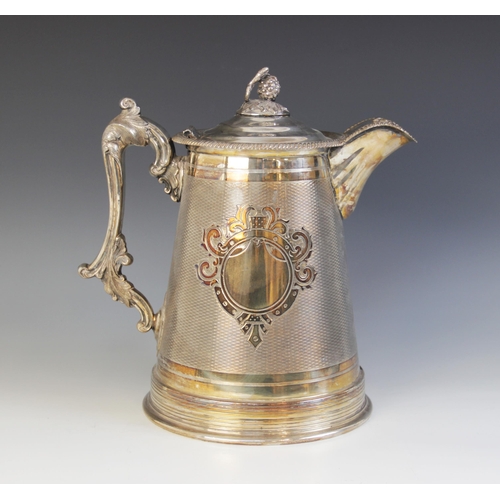 114 - A large Walker & Hall silver plated EPNS flagon, stamped ‘1059’, of tapered cylindrical form with hi... 