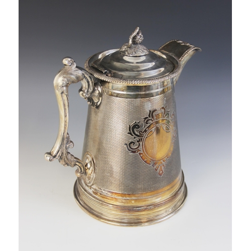 114 - A large Walker & Hall silver plated EPNS flagon, stamped ‘1059’, of tapered cylindrical form with hi... 