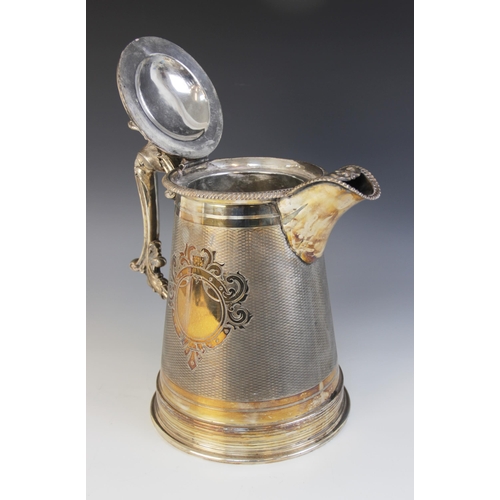 114 - A large Walker & Hall silver plated EPNS flagon, stamped ‘1059’, of tapered cylindrical form with hi... 