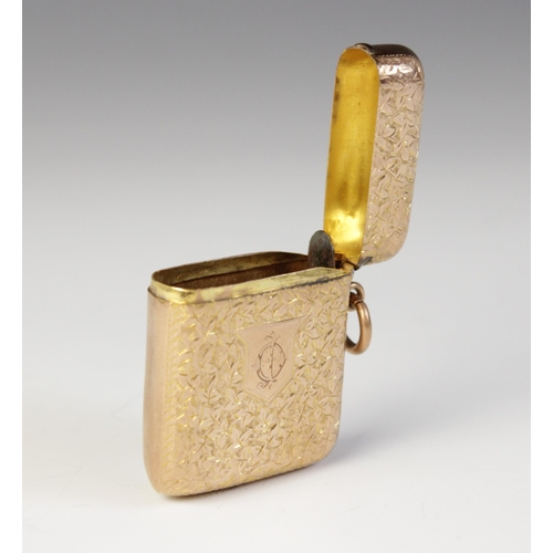 19 - A Victorian 9ct gold vesta case, Thomas Acott & Co, Birmingham 1894, the rectangular body embossed w... 