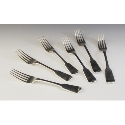 32 - A set of six George IV silver fiddle pattern forks, William Eaton, London 1827, each 20.3cm long, we... 