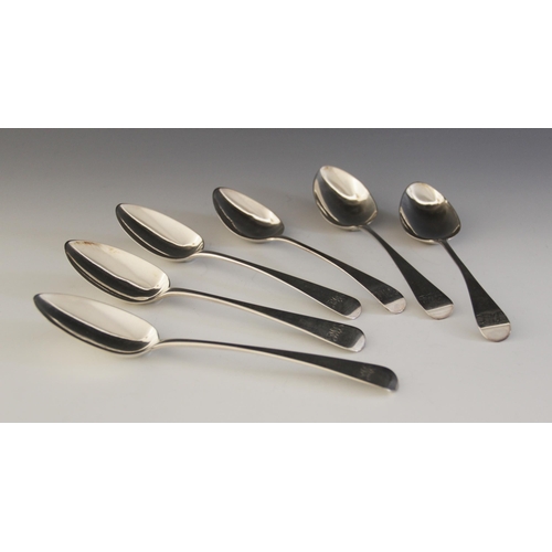 33 - Six George III Old English pattern silver tablespoons, four by John Lias, London 1817, two by Peter ... 