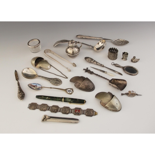 78 - A selection of flatware and objects of virtue, to include a silver mounted miniature hand mirror, 7.... 