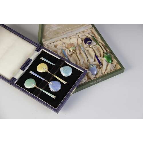 89 - A cased set of six Danish enamelled silver gilt coffee spoons by Marius Hammer, each with engine tur... 