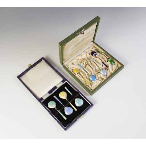 89 - A cased set of six Danish enamelled silver gilt coffee spoons by Marius Hammer, each with engine tur... 