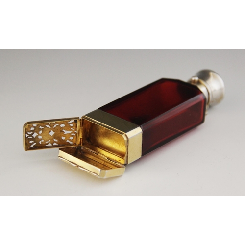 90 - A Victorian silver gilt ruby glass scent bottle cum vinaigrette, Sampson Mordan, London 1865,  facet... 