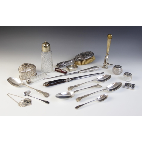 95 - A selection of silver and silver plated ware, including; an Edwardian silver topped dressing table j... 