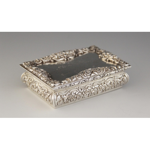 96 - A William IV silver table snuff box, Nathaniel Mills, Birmingham 1838, of rectangular form with cush... 