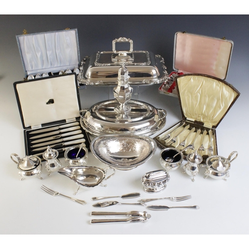 117A - A selection of silver plated and silver coloured tableware, to include; a silver coloured three piec... 