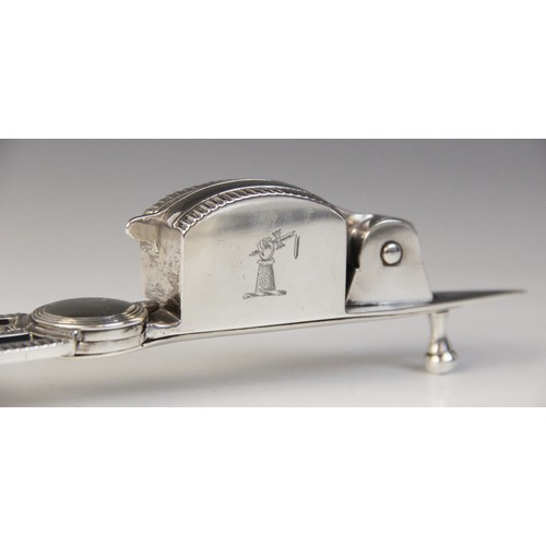 39 - A pair of George III silver wick trimmers and associated stand, the trimmers marked for Robert Metha... 