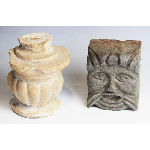 111 - A carved stone architectural mask, 15cm H x 12cm W x 9.5cm D, together with a carved architectural w... 