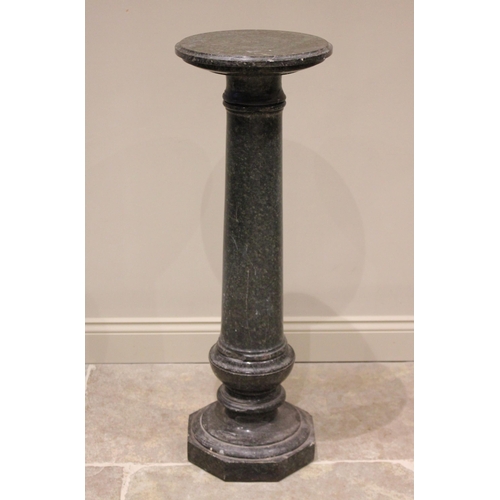 168 - A green variegated marble pedestal, the circular top raised upon a tapering cylindrical column, exte... 