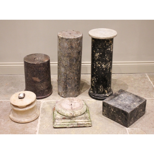 170 - Three assorted marble pedestals, the tallest 84cm high, a stepped plinth base, marble block, and a c... 