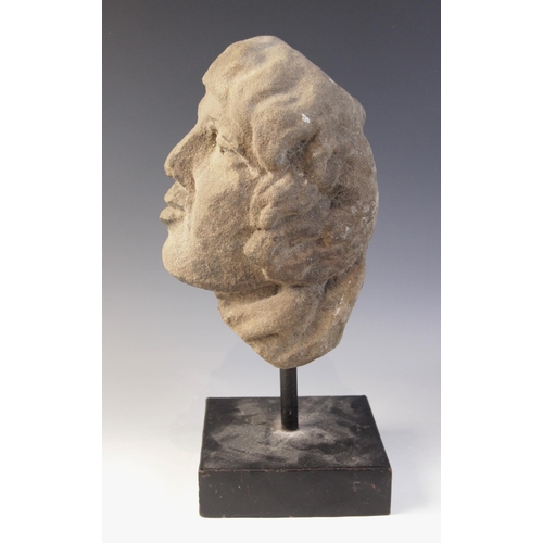 166 - A carved stone male head, 26.5cm high, mounted upon a rod and square plinth base, overall 37.5cm hig... 