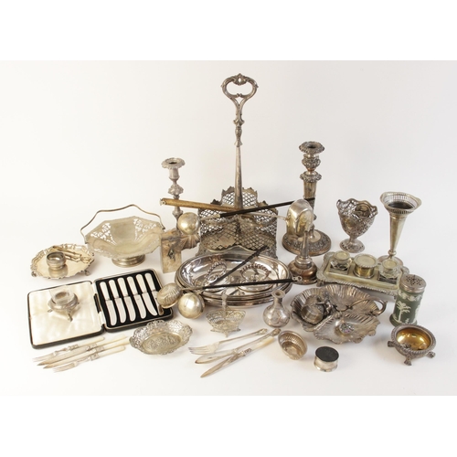19 - A large selection of silver coloured and silver plated wares, to include; a silver plated three bott... 