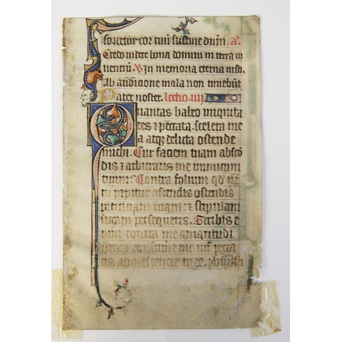 196 - ILLUMINATED PAGES: A double sided illuminated vellum page, possibly 14th century, 16.5cm high, frame... 