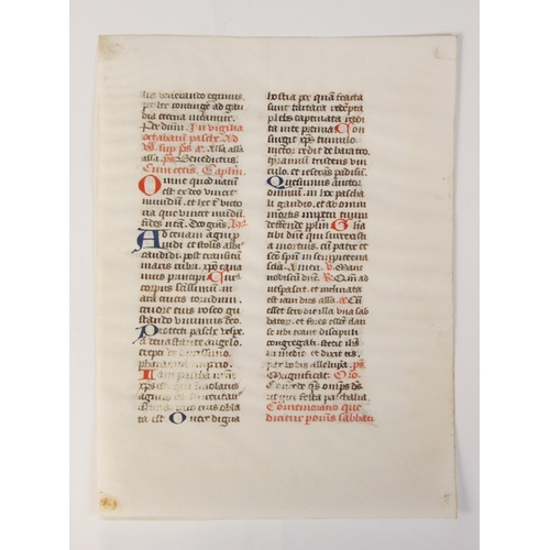 196 - ILLUMINATED PAGES: A double sided illuminated vellum page, possibly 14th century, 16.5cm high, frame... 