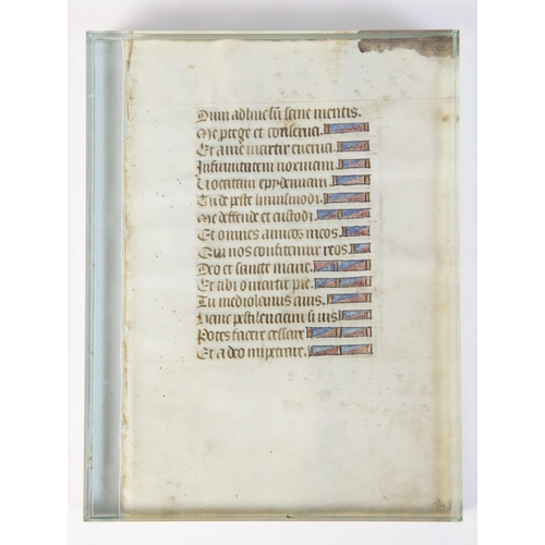 196 - ILLUMINATED PAGES: A double sided illuminated vellum page, possibly 14th century, 16.5cm high, frame... 