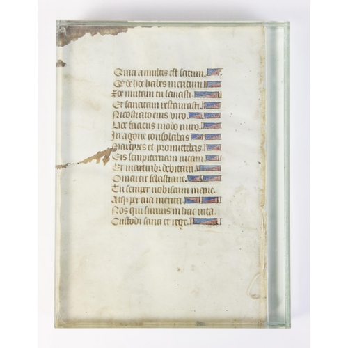 196 - ILLUMINATED PAGES: A double sided illuminated vellum page, possibly 14th century, 16.5cm high, frame... 