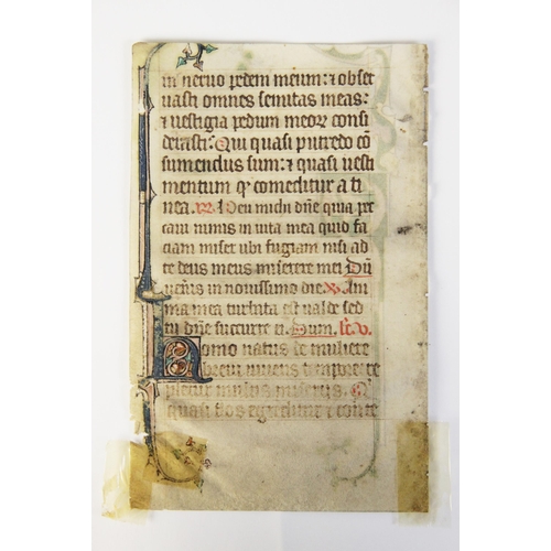 196 - ILLUMINATED PAGES: A double sided illuminated vellum page, possibly 14th century, 16.5cm high, frame... 